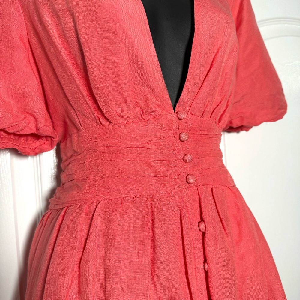 Anthropologie Katerina Button Front Puff Sleeve Mini Dress Coral Size M NWT - Picture 6 of 12